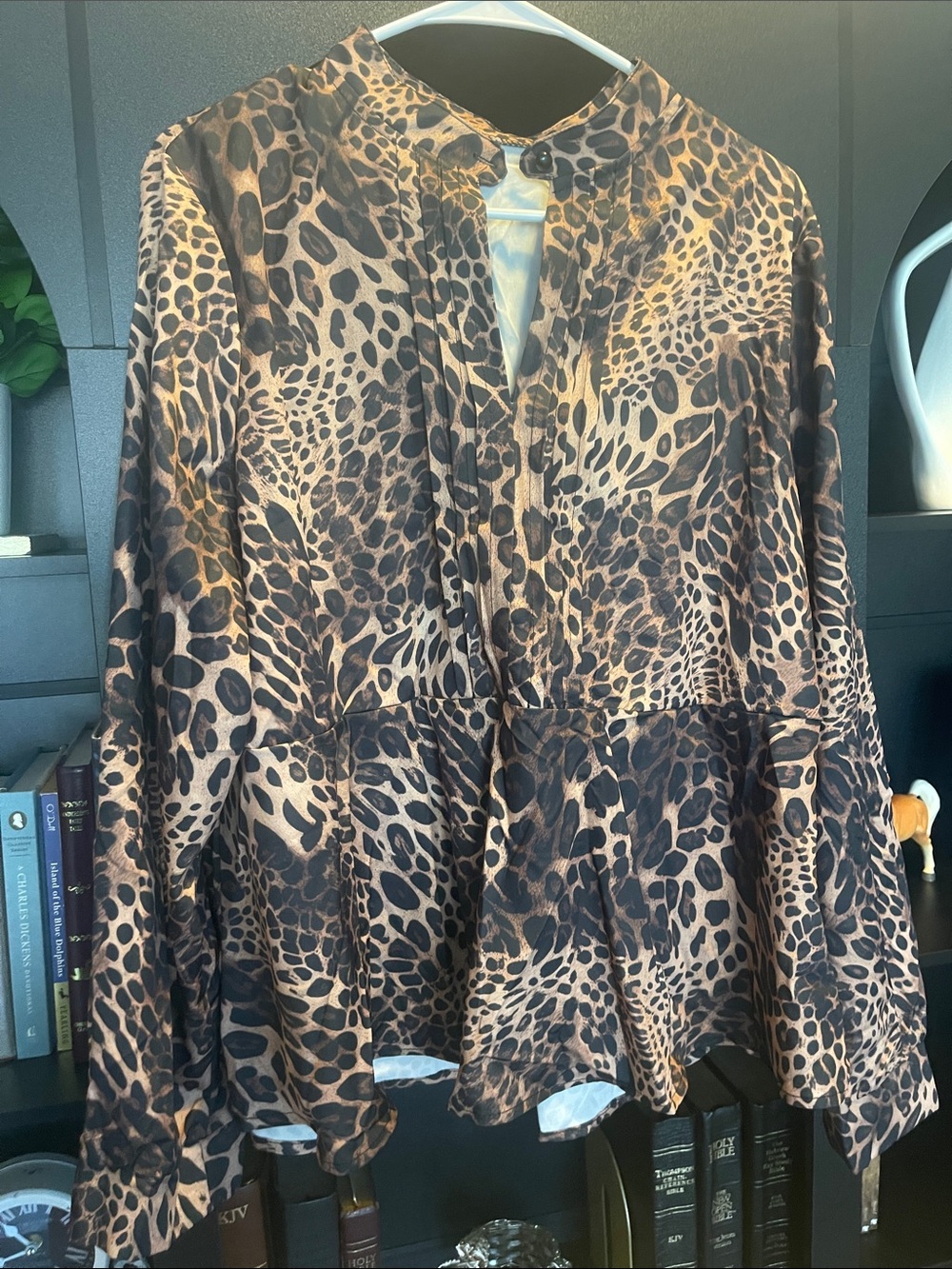 SHEIN Brown and Black Leopard-Print Peplum Blouse with matching belt